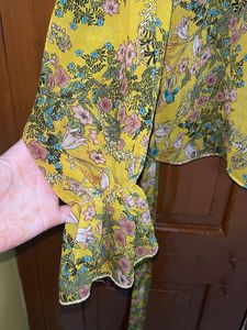 Yellow Floral Ruffle Neck Blouse