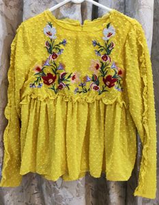 Embroidered Yellow Swiss Dot Peplum Blouse