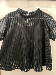 Chic Black Cropped Mesh Top with sheer neck