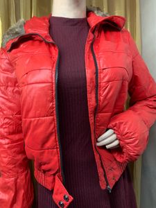 Red Puffer Jacket with Fur Trim
