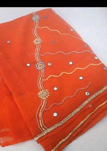 Vibrant Orange Mirror Work Saree