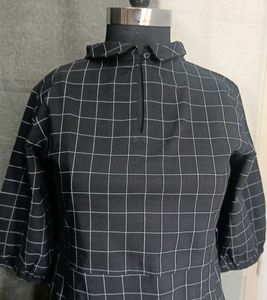 Black window pane a line dress with folded round collar