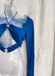 Blue Cutout Ring Detail Long Sleeve Top