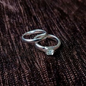 (Set of 2) Chic Silver Square Gem Ring + Band