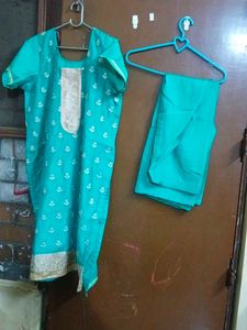 Teal Kurta Set with White Print
