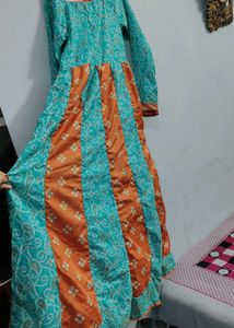anarkali Style Teal &amp; Orange Maxi Gown lehariya