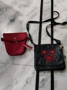 Cute Black Crossbody Bag with Red Flower Combo