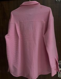 Pink Textured Button-Up Shirt and Pants Co-ord Set