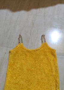 Yellow Faux Fur Cami Top with Chain Straps