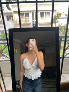 White Halter Neck Smocked Crop Top