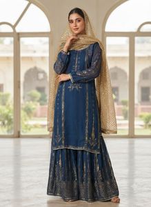 WISHFUL Blue Kurta Set with Golden Dupata