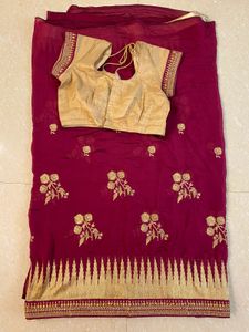 Maroon Saree with Golden Border and Blouse