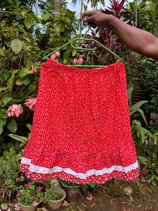 Red Floral Mini Skirt with Lace Trim