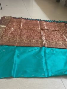 Beautiful Teal Saree with Goldenborder and blouse