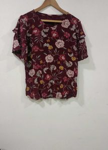 Maroon Floral Print Bell Sleeve Top