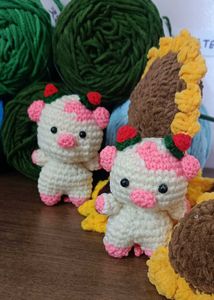 Crochet Strawberry Cow Keychain