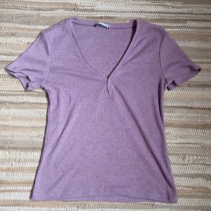 Lilac Ribbed V-Neck Top