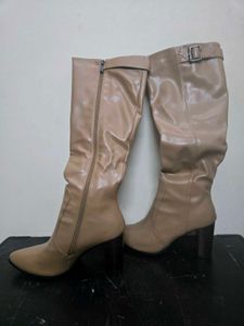 leather Beige Knee-High Boots