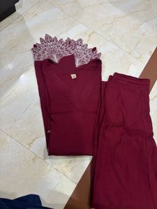 Maroon Kurta Set with White Embroidery