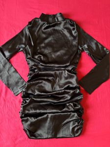 Black Satin Ruched Partywear Mini Dress