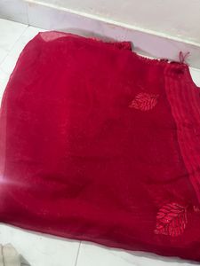 Beautiful Red Saree with Leaf Embellishments