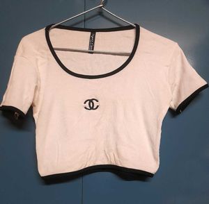 Chanel White Ribbed Crop Top with Black Trim