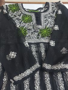Black &amp; Green chikenkaari  Embroidered kurta with