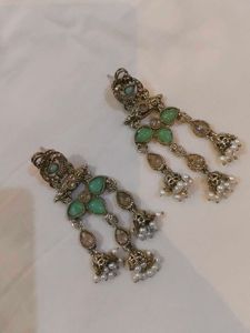 Elegant Pearl &amp; Green Stone Dangle Earrings