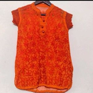 Orange Chikankari Sheer Top
