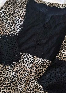 Leopard Print Kurta with Lace Sleeves