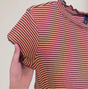 Striped Mock Neck Lettuce Trim Top