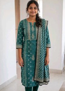 Teal Cotton Kurta Set with Dupatta