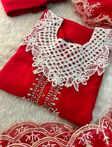 Red Kurta Set with Intricate White Lace Neckline