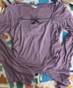 square neck rushed mesh flared long sleeve top in