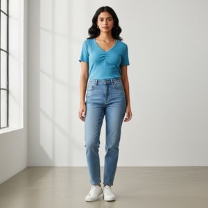 Blue Ribbed V-Neck Top