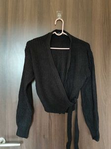 Chic Black Wrap Knit Sweater