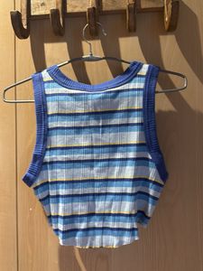 Blue Striped Ribbed Cropped Tank Top