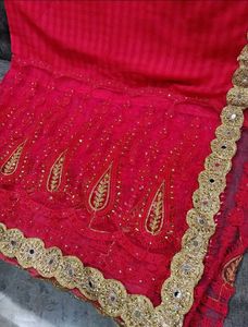 Vibrant Pink Embroidered Saree with Gold Border