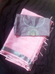 Pink Chanderi Silk Saree with Blouse Pi