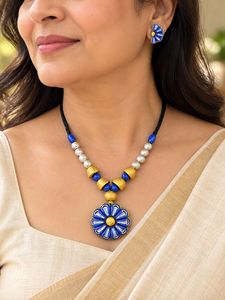 Blue Floral Terracotta Necklace & Earring Set