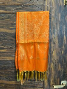 Vibrant Orange Silk Dupatta with Gold