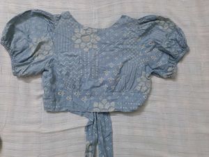 Cute Blue Printed Puff Sleeve Crop Top