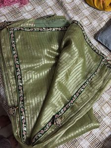 Elegant Green &amp; Gold Striped Saree
