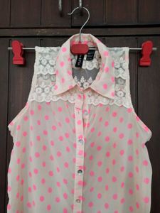 Fun &amp; Flirt Pink Polka Dot Sheer Sleeveless Blouse