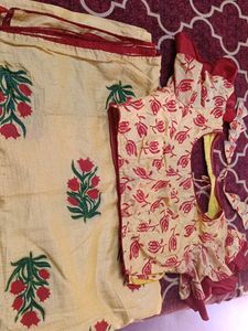 Elegant Yellow Block Print Kurta Set with Blouse