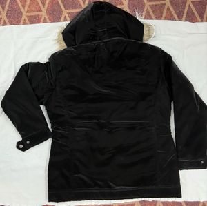 Black Velour Hooded Jacket with Fur Trim