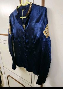 Fusion Party Navy Satin Embroidered Shirt