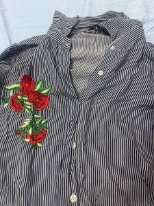 Striped Button-Up Tunic with Floral Embroidery