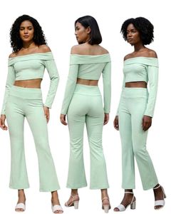 SHEIN Mint Off-Shoulder Crop Top &amp; Pants Set