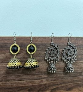 Oxidized Silver Jhumka + Golden Black Earrings